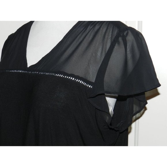 Ladies Sheer neckline slinky stretch black blouse - Picture 3 of 5